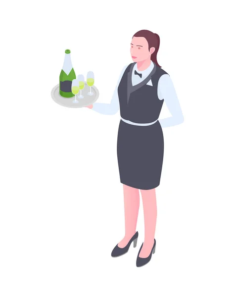 Isometric Waitress Holding Tray Bottle Champagne Glasses Vector Illustration — Vetor de Stock