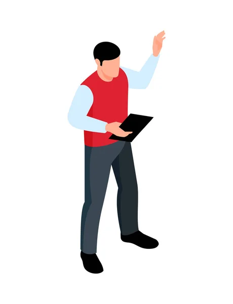 Isometric Faceless Man Wearing Casual Clothes Holding Card Book Hand — Stock vektor