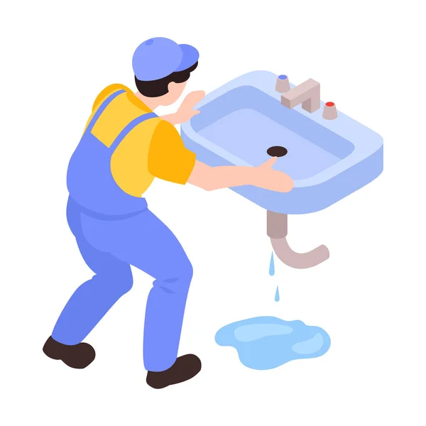 Plumber Repair Service Fixing Leaking Sink Isometric Vector Illustration — Stockvector