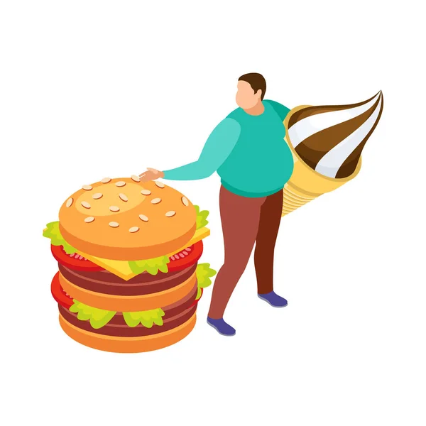 Isometric Gluttony Food Addiction Isometric Concept Obese Character Holding Giant — Archivo Imágenes Vectoriales