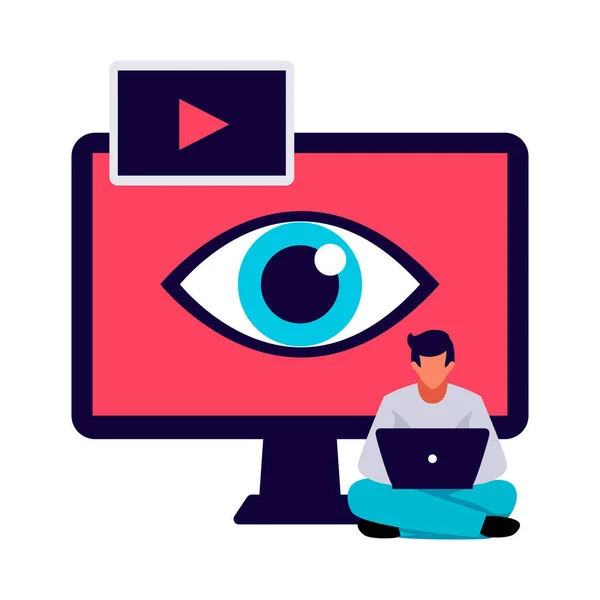 Flat Concept Digital Video Marketing Eye Computer Monitor Vector Illustration — Stock Vector