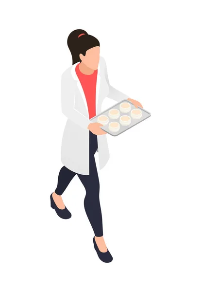 Cosmetics Production Icon Female Worker Carrying Jars Cream Tray Isometric — Stock vektor