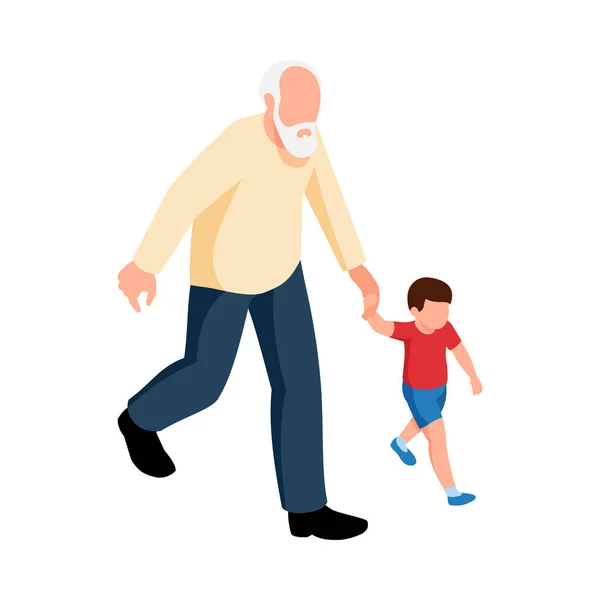 Isometric Family Faceless Characters Grandfather His Grandson Walking Together Vector - Stok Vektor