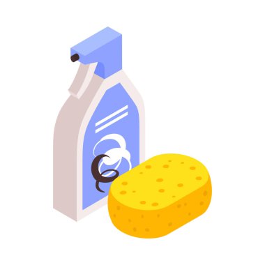 Isometric cleaning tools with yellow sponge and spray bottle 3d vector illustration