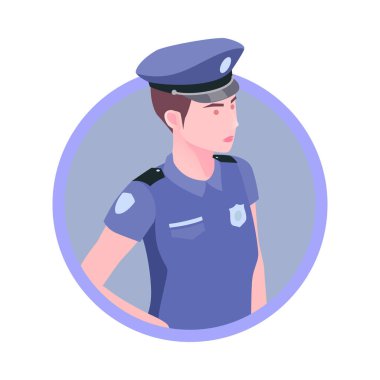 Isometric round icon with female police officer avatar 3d vector illustration