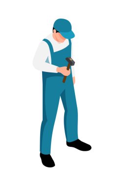 Isometric male worker holding hammer 3d vector illustration