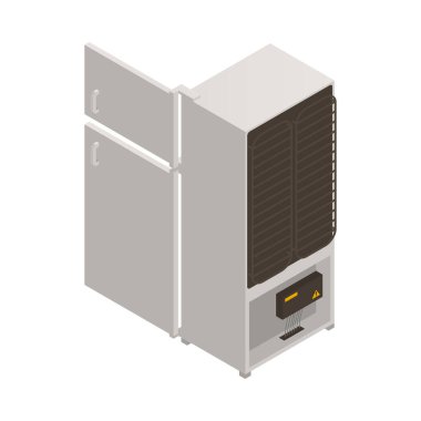 Isometric fridge with open door back view on white background 3d vector illustration