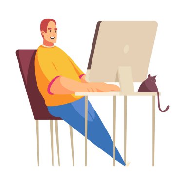 Cartoon cheerful freelancer or programmer working on computer at home with cat on desk vector illustration
