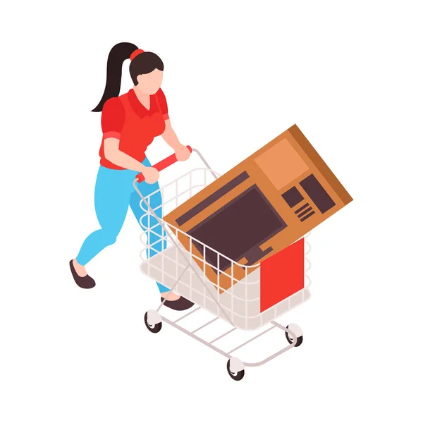 Supermarket Isometric Icon Female Customer Carrying Shopping Trolley Cardboard Box — Wektor stockowy