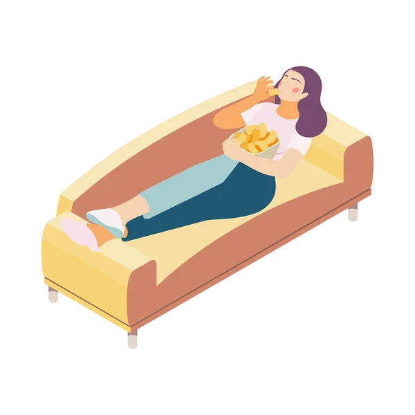 Sedentary Lifestyle Isometric Concept Woman Lying Sofa Eating Junk Food — Wektor stockowy