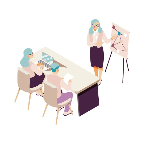 Business Teamwork Icon Three Isometric Office People Planning Strategies Vector — Archivo Imágenes Vectoriales