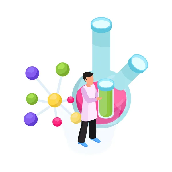 Science Research Isometric Icon Scientist Laboratory Glassware Molecule Vector Illustration — Vetor de Stock