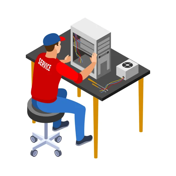 Man Repairing Computer System Unit Service Center Isometric Vector Illustration — 图库矢量图片