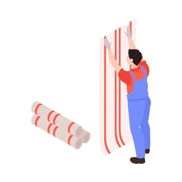 Isometric Home Renovation Worker Uniform Putting Wallpaper Vector Illustration —  Vetores de Stock