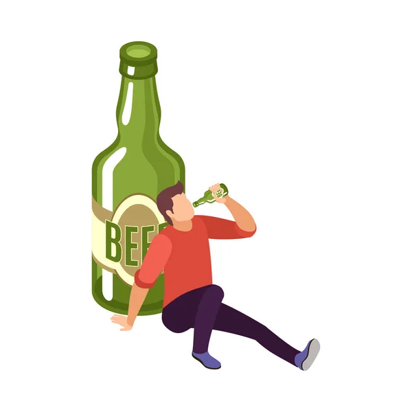 Isometric Alcohol Addiction Concept Drunk Man Drinking Beer Vector Illustration — Stock Vector