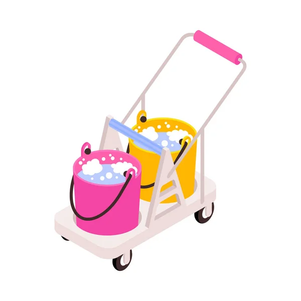Isometric Cleaner Trolley Two Buckets Foam Water Vector Illustration — Image vectorielle