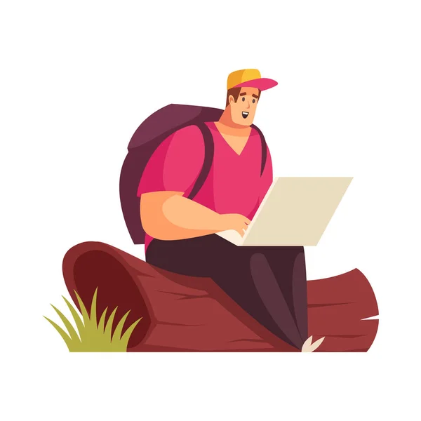 Hiker Freelancer Working Laptop Forest Sitting Log Cartoon Vector Illustration — Stockvector