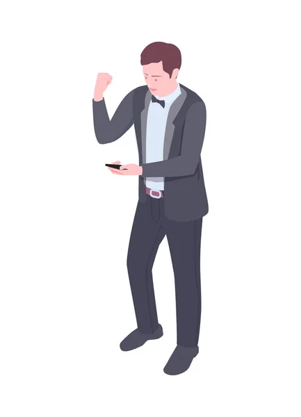 Isometric Man Excited Something Looking Screen His Smartphone Vector Illustration — Vector de stock