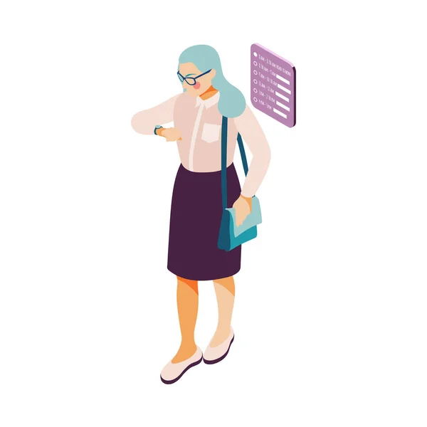 Effective Management Business Schedule Concept Woman Looking Watch Isometric Vector — 스톡 벡터