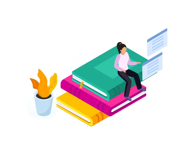 Online Education Icon Female Character Sitting Stack Books Isometric Vector — Vettoriale Stock