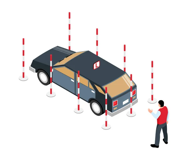 Isometric Driving School Educational Process Car Male Character Vector Illustration — ストックベクタ
