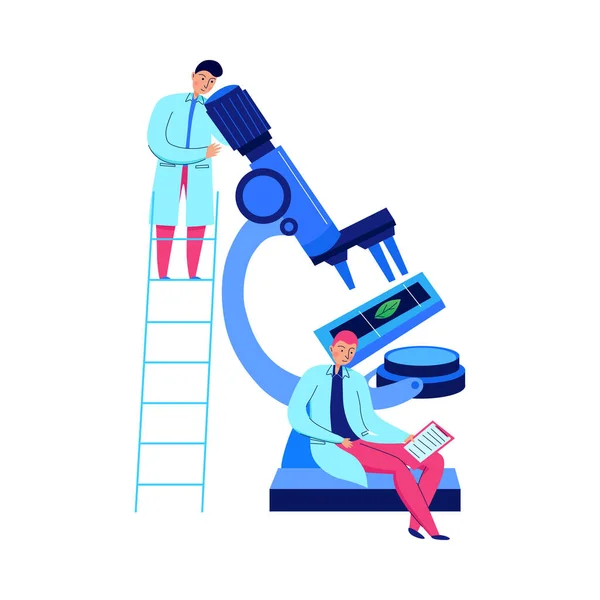 Two Flat Scientists Working Microscope Science Laboratory Vector Illustration — Stock vektor