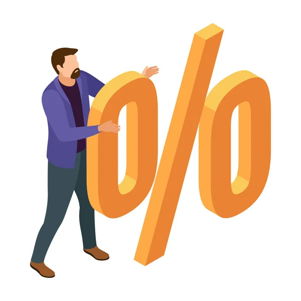 Isometric Shopaholism Concept Man Addicted Shopping Hugging Percent Sign Vector — Image vectorielle