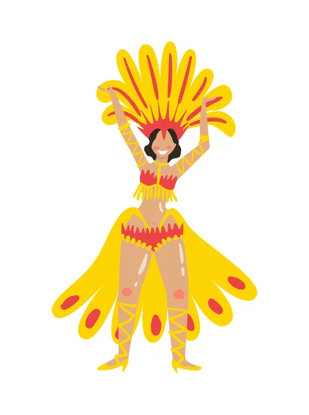 Happy Brazil Carnival Dancer Yellow Constume Flat Vector Illustration — Stockvector