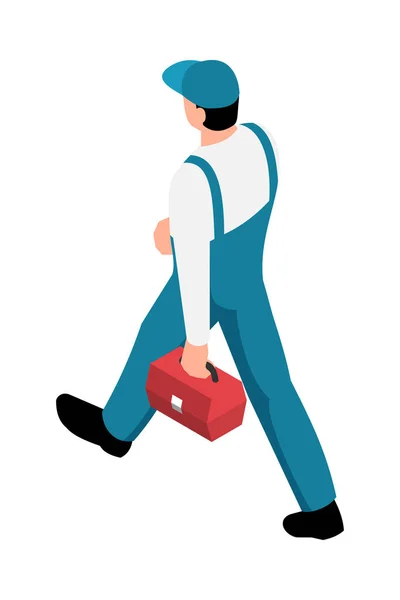 Isometric Male Worker Uniform Walking Tool Kit Back View Vector — Stock Vector