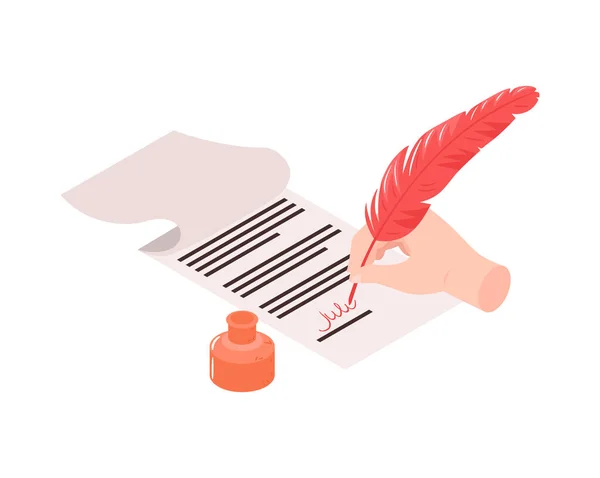 Notary Hand Signing Document Feather Ink Isometric Icon Vector Illustration —  Vetores de Stock
