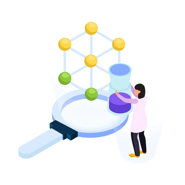 Science Research Isometric Icon Human Character Scientist Molecule Magnifier Vector — Stockvektor
