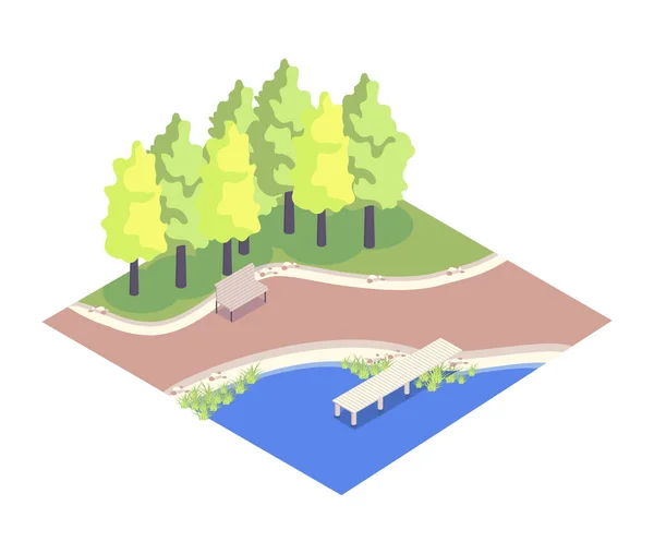 Isometric Landscape Wooden Bench Park Next Pond River Vector Illustration —  Vetores de Stock