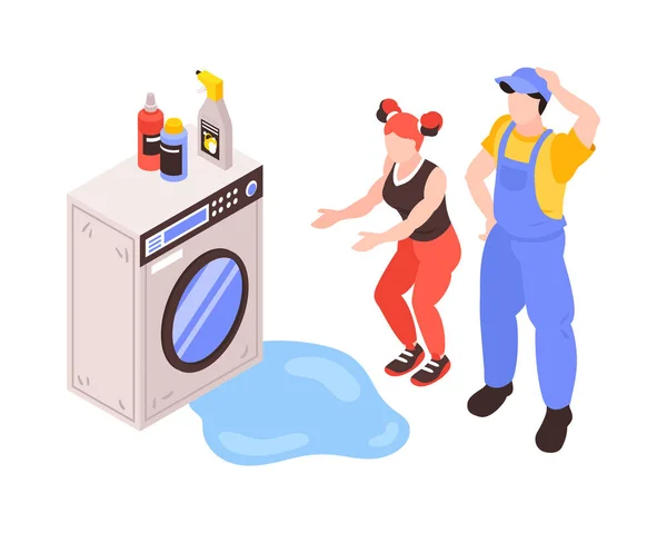 Worried Woman Showing Leaking Washing Machine Plumbing Specialist Isometric Vector — Stockový vektor