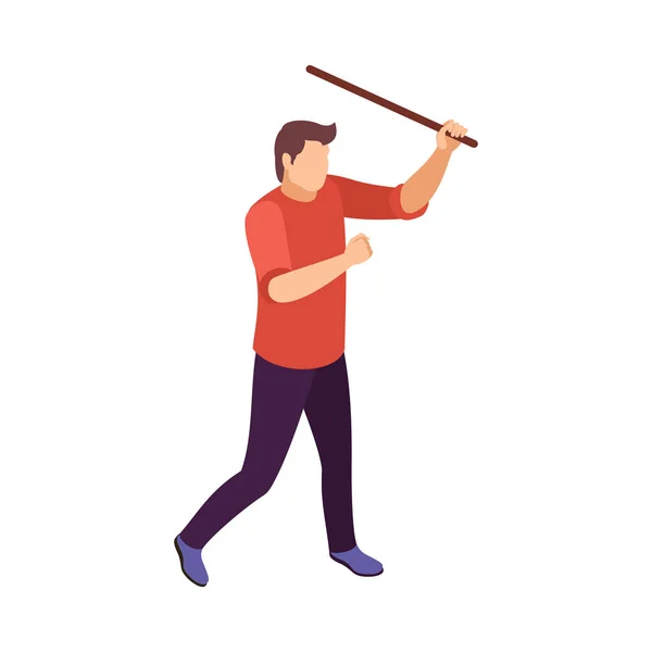 Isometric Faceless Male Character Hooligan Walking Wooden Stick Vector Illustration — Stock vektor