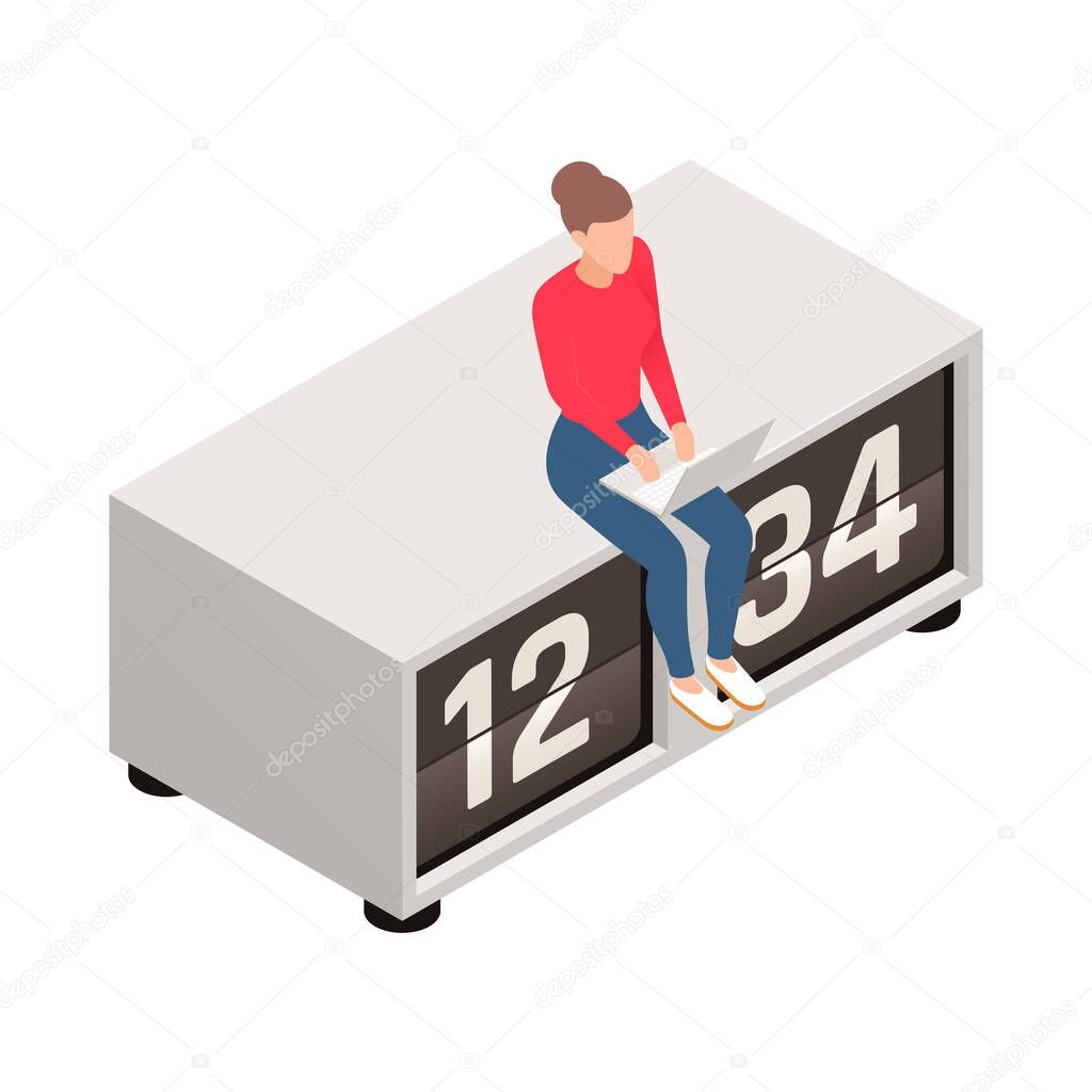 Isometric time management business planning icon with woman working on big clock 3d vector illustration
