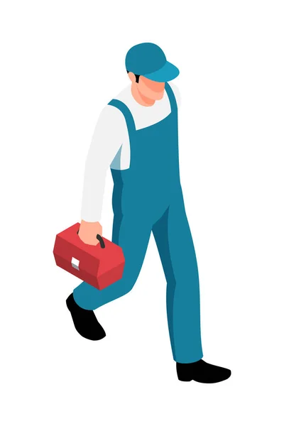 Isometric Worker Walking Red Tool Kit Vector Illustration — Vector de stock