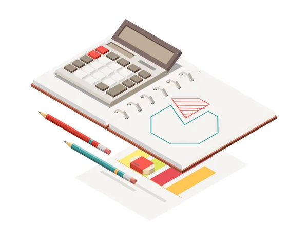 Business Strategy Concept Diagram Planner Page Calculator Pencil Isometric Vector — ストックベクタ