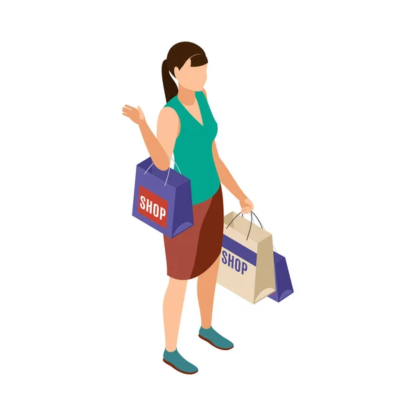 Isometric Shopaholism Concept Woman Holding Shopping Bags Vector Illustration — Stockvector