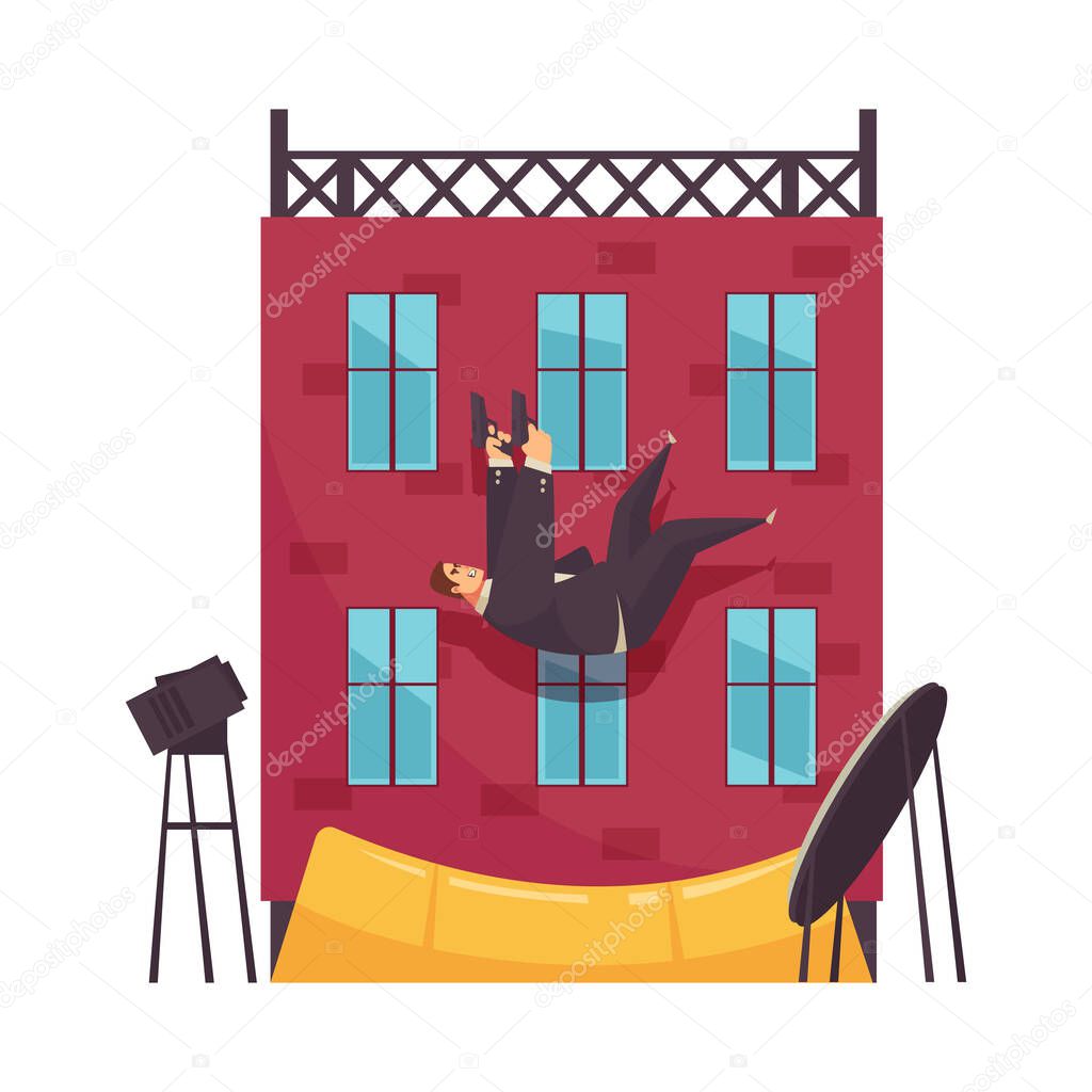 Action film shooting scene with stunt double falling off building with handguns cartoon vector illustration