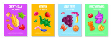 Realistic chewy jelly vitamin poster set with four isolated vertical backgrounds with text and lollipop icons vector illustration