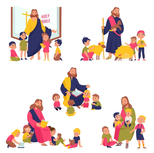 Jesus Christ Kids Color Set Religion Symbols Flat Isolated Vector — Wektor stockowy