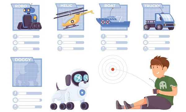 Controlled Toys Flat Set Isolated Infographic Elements Boy Controlling Robotic — ストックベクタ