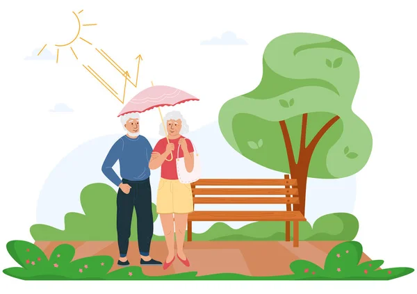Sun Protection Flat Background Composition Outdoor Park Scenery Old Couple — Wektor stockowy