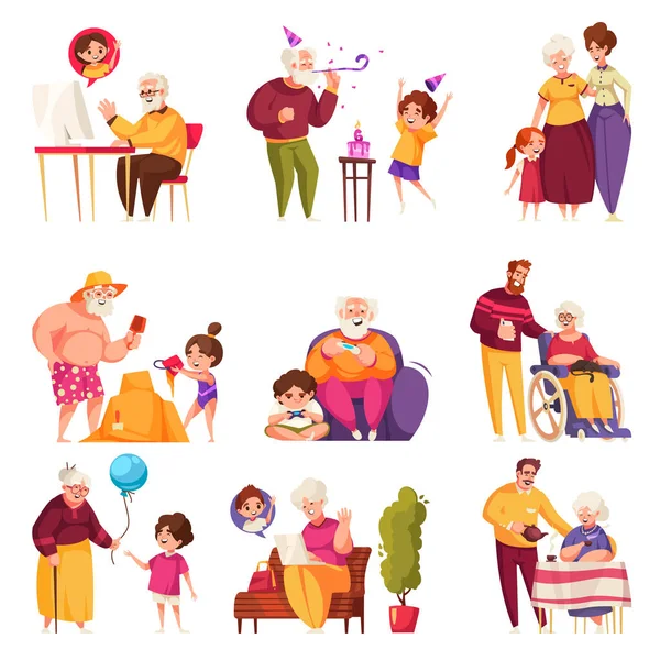 Senior Relatives Cartoon Icons Set Old People Wieh Younger Family - Stok Vektor