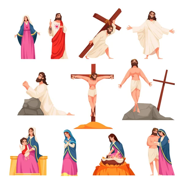 Святая Библия Новый Завет Иконы Карикатуры Набор Иисусом Христом Девы — стоковый вектор