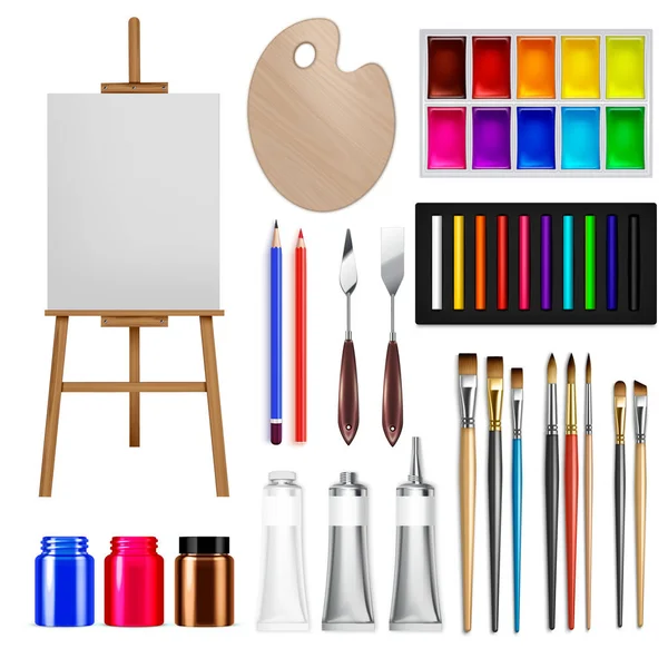 Artist Tools Realistic Set Isolated Images Drawing Easel Palettes Paint — Wektor stockowy