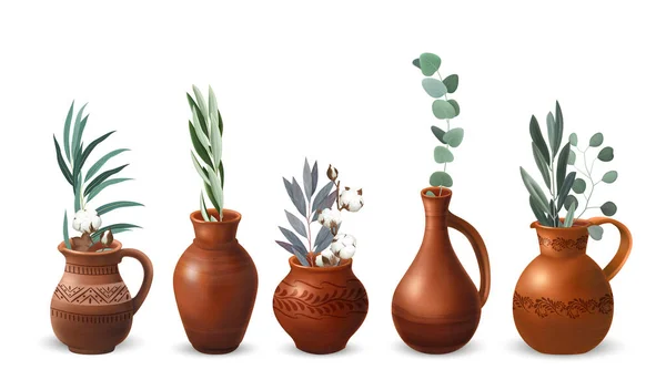 Realistic Clay Kitchenware Dry Floral Set Isolated Images Vases Pots — Vector de stock