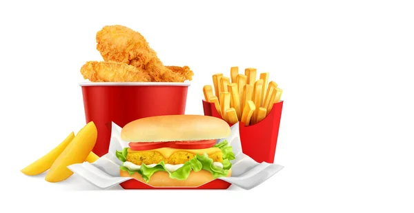 Chicken Fast Food Realistic Composition View Junk Food Meals Fries — Stockvektor