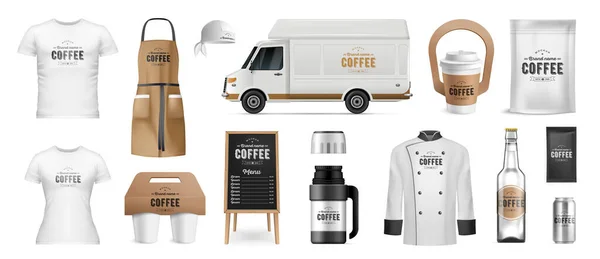 Corporate Identity Mockup Coffee Shop Realistic Set Cups Van Bottle — Archivo Imágenes Vectoriales