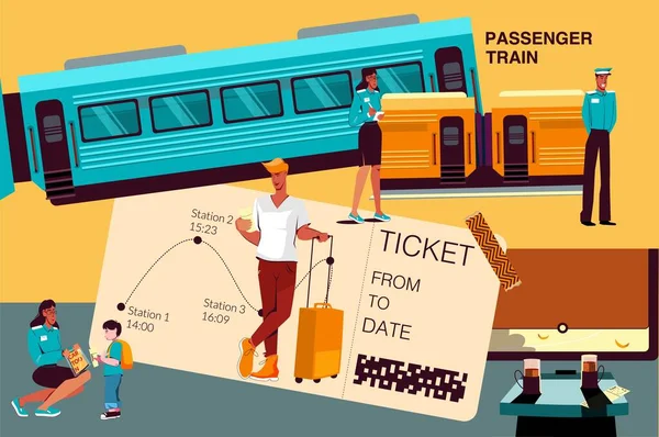 Public Train Flat Collage Big Ticket Image Little Characters Passengers — Image vectorielle